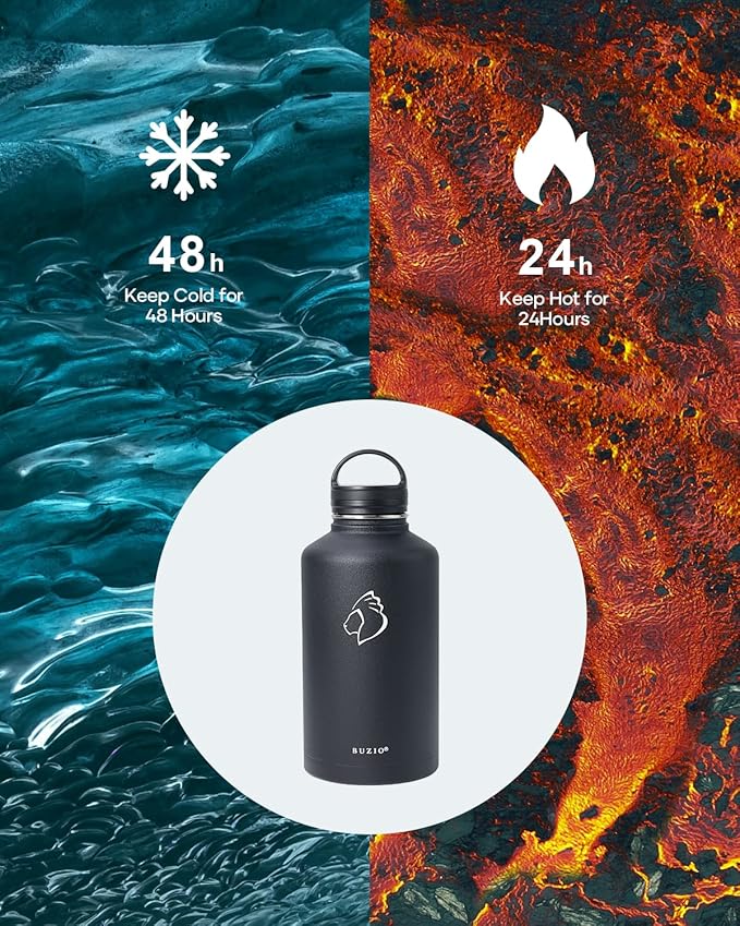BUZIO 64 oz Water Bottle Insulated with Straw & 3 lid and Carrying Pouch, Leak Proof Half Gallon Stainless Steel Water Flask Jug, Cold for 48 Hrs Double Vacuum Thermo Canteen, BPA-Free, Black