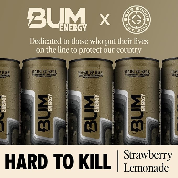 BUM Sugar-Free Energy Drink, Strawberry Lemonade - Lightly Carbonated & No Artificial Colors, Natural Caffeine & Citicoline for Energy, Focus, Brain Boost & Workout Sports Beverage - 12 oz, Pack of 12