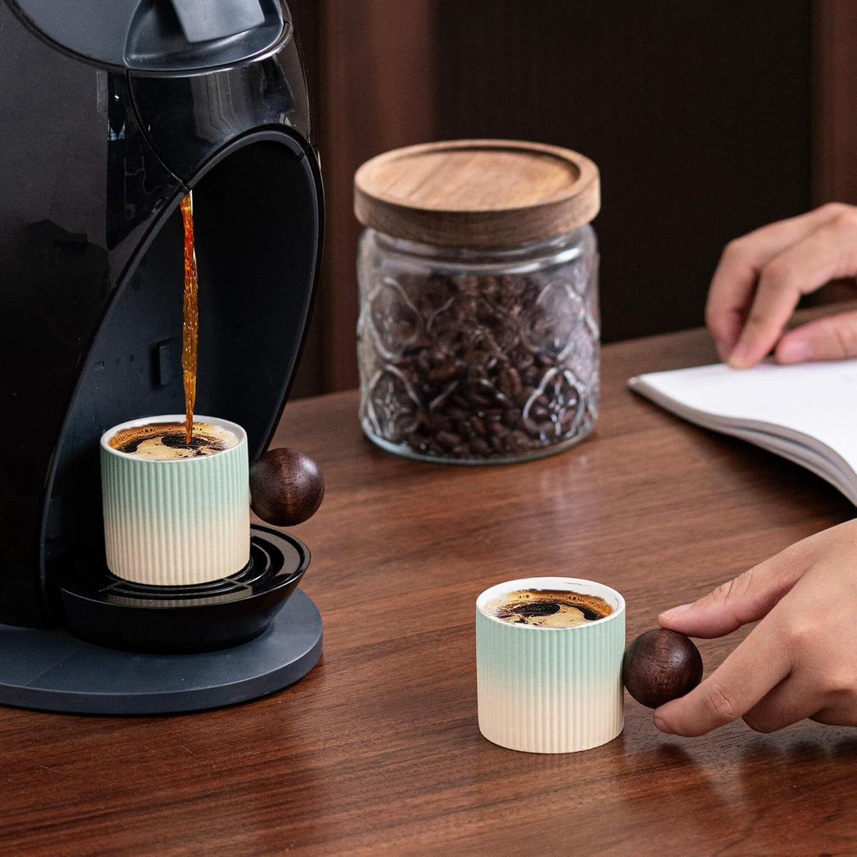 Ceramic Mini Espresso Cups Demitasse Cups with Round Wooden Handle Vertical Stripes Tea Cups (Beige&Green, 2pcs)