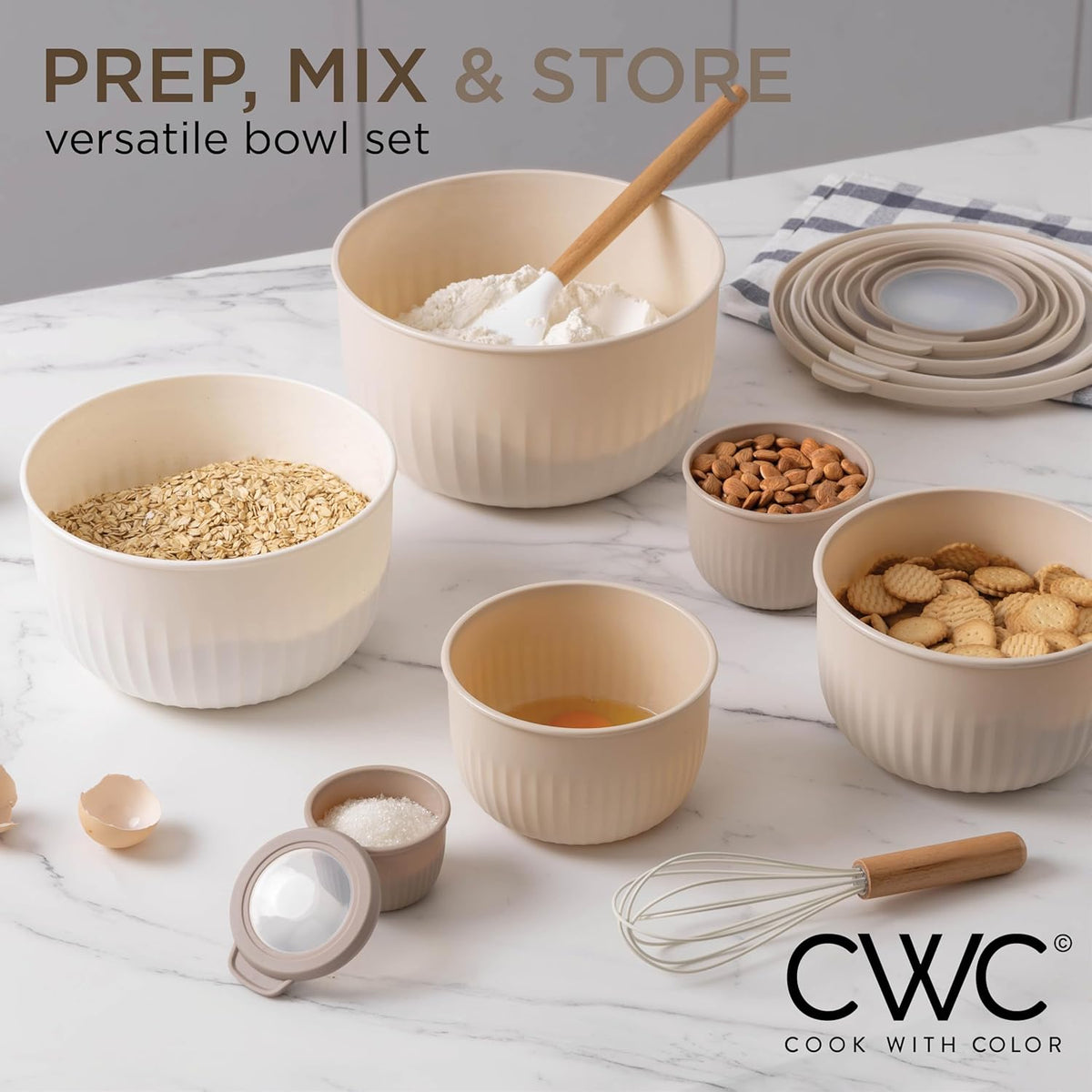 COOK WITH COLOR Prep Bowls with Lids- Wide and Deep Nesting Plastic Small Mixing Bowl Set with Lids, 12 Piece Set - Deep Bowls, Brown
