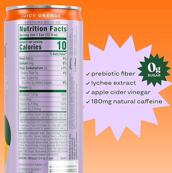 Bloom Nutrition Sparkling Energy Drink - Natural Caffeine, Zero Sugar, 180mg Caffeine - Antioxidant-Rich with Green Coffee Bean, Green Tea Extract, Prebiotics - Orange - 12oz 12 Pack