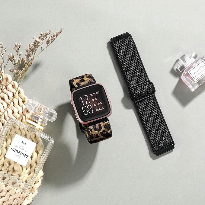 2 Pack Elastic Bands Compatible with Fitbit Versa 2 & Versa Lite Bands for Women & Men, Adjustable Sport Stretchy Nylon Solo Loop Strap Wristbands, Black & Leopard