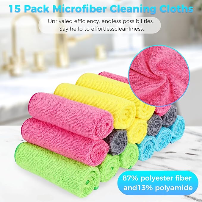 Microfiber Cleaning Cloth, Pack of 15, Lint Free, Absorbent, Streak Free, Non-Abrasive, Reusable and Washable，Cleaning Towels with 5 Color Assorted,11.5"X11.5"(Green/Blue/Yellow/Pink/Grey)