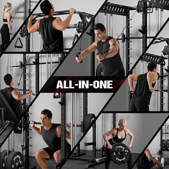 M21 Smith Machine, Multi-Function Power Cage with Dual Pulley Cable Crossover System, 2000LBS All-in-One Squat Rack with Smith Bar and Attachments