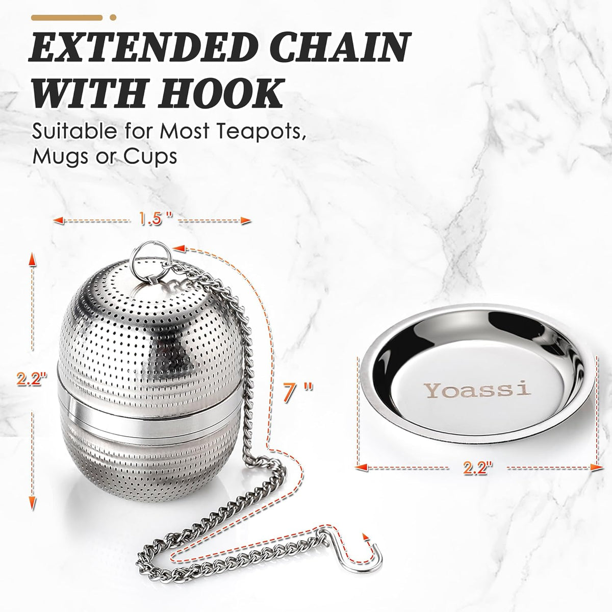 2 Pack Tea Infusers for Loose Tea, Extra Fine Mesh 18/8 Stainless Steel Tea Strainers, Loose Leaf Tea Steeper Tea Ball Tea Diffuser Tea Holder with Extended Chain Hook and Drip Tray