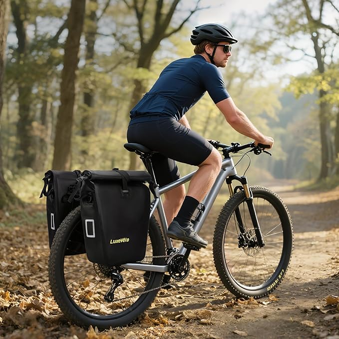 Bike Pannier Bag 27L Waterproof Bicycle Rear Rack Bag, Large Capacity Expandable Cargo Rack Bag with Reflective Strips, Adjustable Buckles for Cycling Traveling Commuting