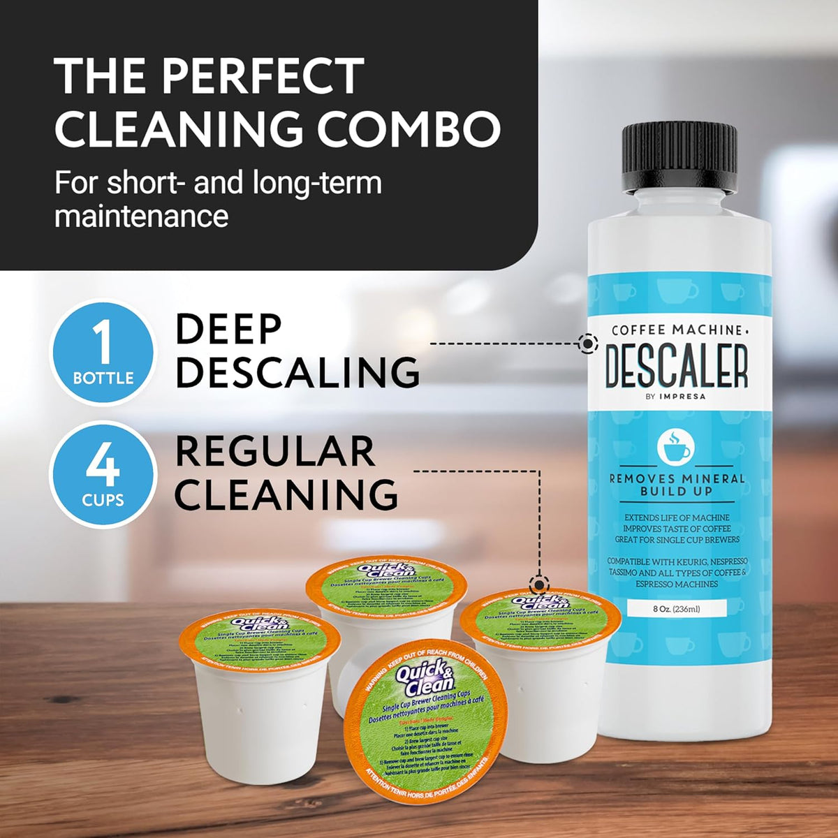 IMPRESA Coffee Machine Descaler & Cleaning Bundle - Compatible with Keurig K-Duo & K-Cup Brewers - 8 Oz Descaling Solution & 4 Maintenance Pods - Coffee Machine Cleaning & Pot Care Kit