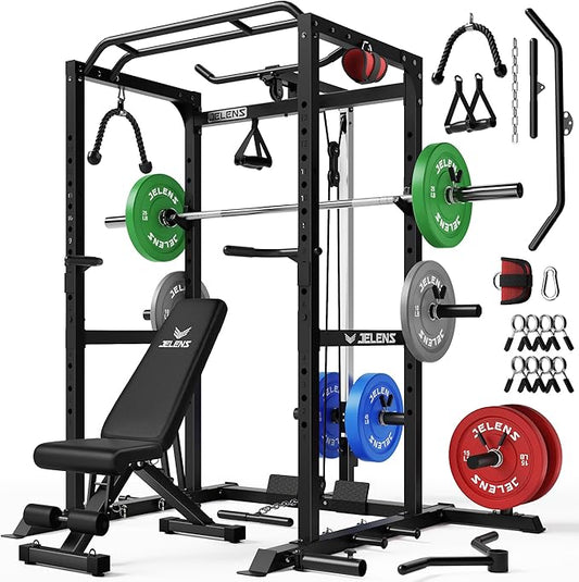 S21 Power Cage, Multi-Function Power Rack with Adjustable Cable Crossover System, 2000LBS Squat Rack for Home Gym with More Training Attachments