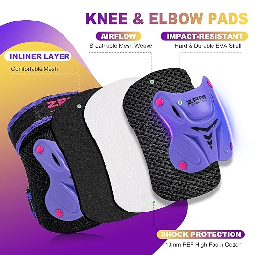 2PM SPORTS Knee Pads for Kids, Wrist Guards Knee and Elbow Pads Set with Drawstring Bag, Protective Gear Set for Girls Boys Roller Skating Cycling Skateboard - Purple Medium