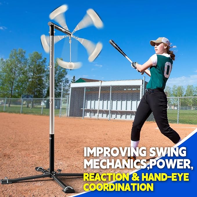 Batting Tee with Tethered Ball – Adjustable 20" to 45" Baseball & Softball Hitting Trainner – Metal X-Base with 4 Ground Stakes & 2 Sandbags for Maximum Stability – Swing Trainner for All Ages