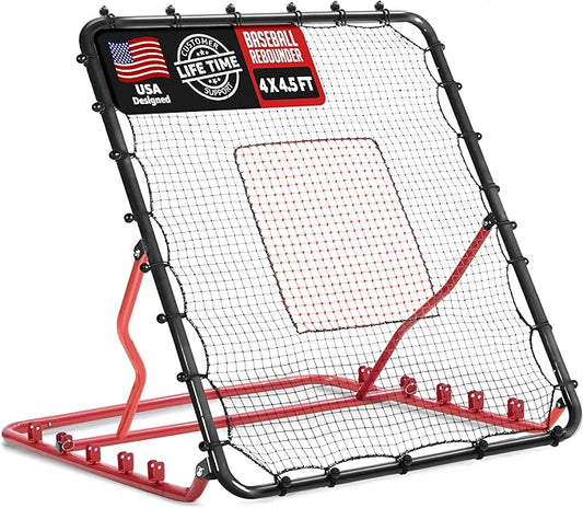 Baseball Rebounder Net, 3/5 Adjustable Angles 4x4.5FT Pitch Back Baseball Softball Volleyball Rebounder with 2 Strike Zones, UV Resistant, Pitchback Trainer for Ground, Line Drive & Fly Balls