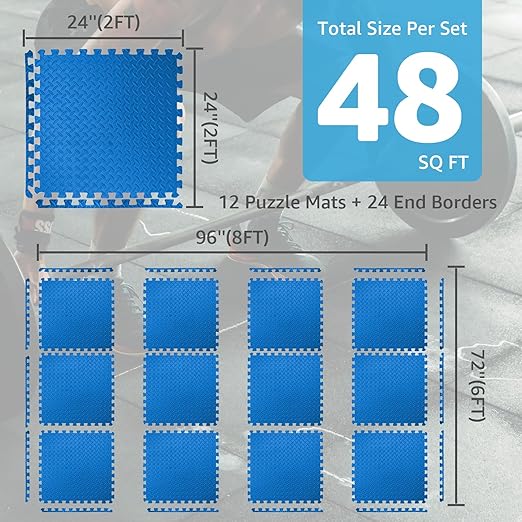 Art3d 48 Sq.Ft Eva Puzzle Exercise Mats, 24"x24" x 1/2" Thick Foam Interlocking Tiles for Flooring, Workout, Gym Equipments, Pack of 12, Blue