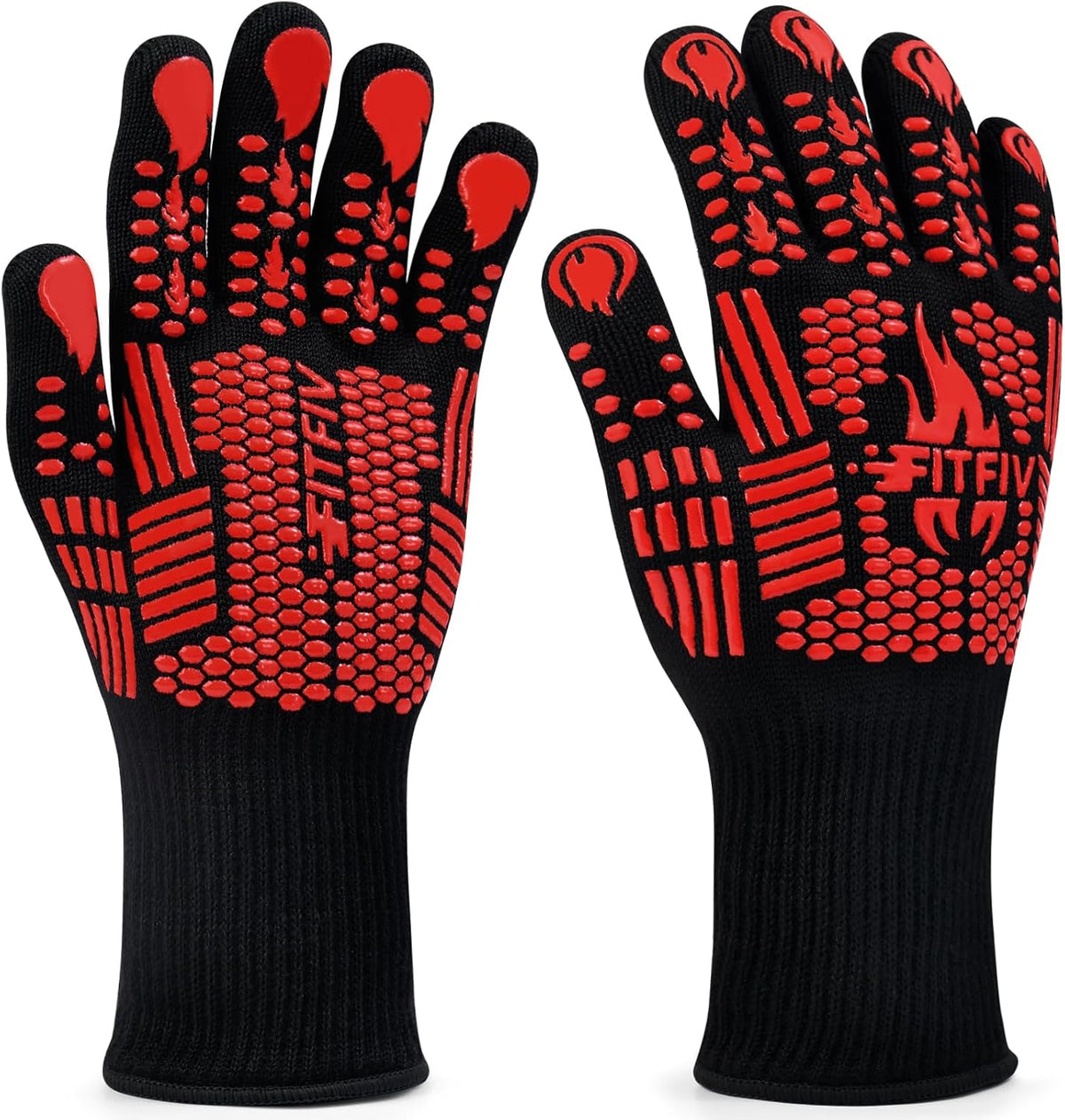 BBQ Gloves, Oven Gloves, Extreme Heat Resistant Barbecue Gloves, Silicone Non-Slip Oven Mitts, Kitchen Gloves for Cooking, Grilling, and Baking (Red)