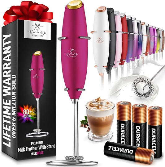 Zulay Powerful Milk Frother (4 Duracell Batteries Included) - Handheld Milk Frother Wand Drink Mixer for Coffee - Powerful Milk Foamer for Cappuccino, Frappe, Matcha & Coffee Creamer - Pink & Gold