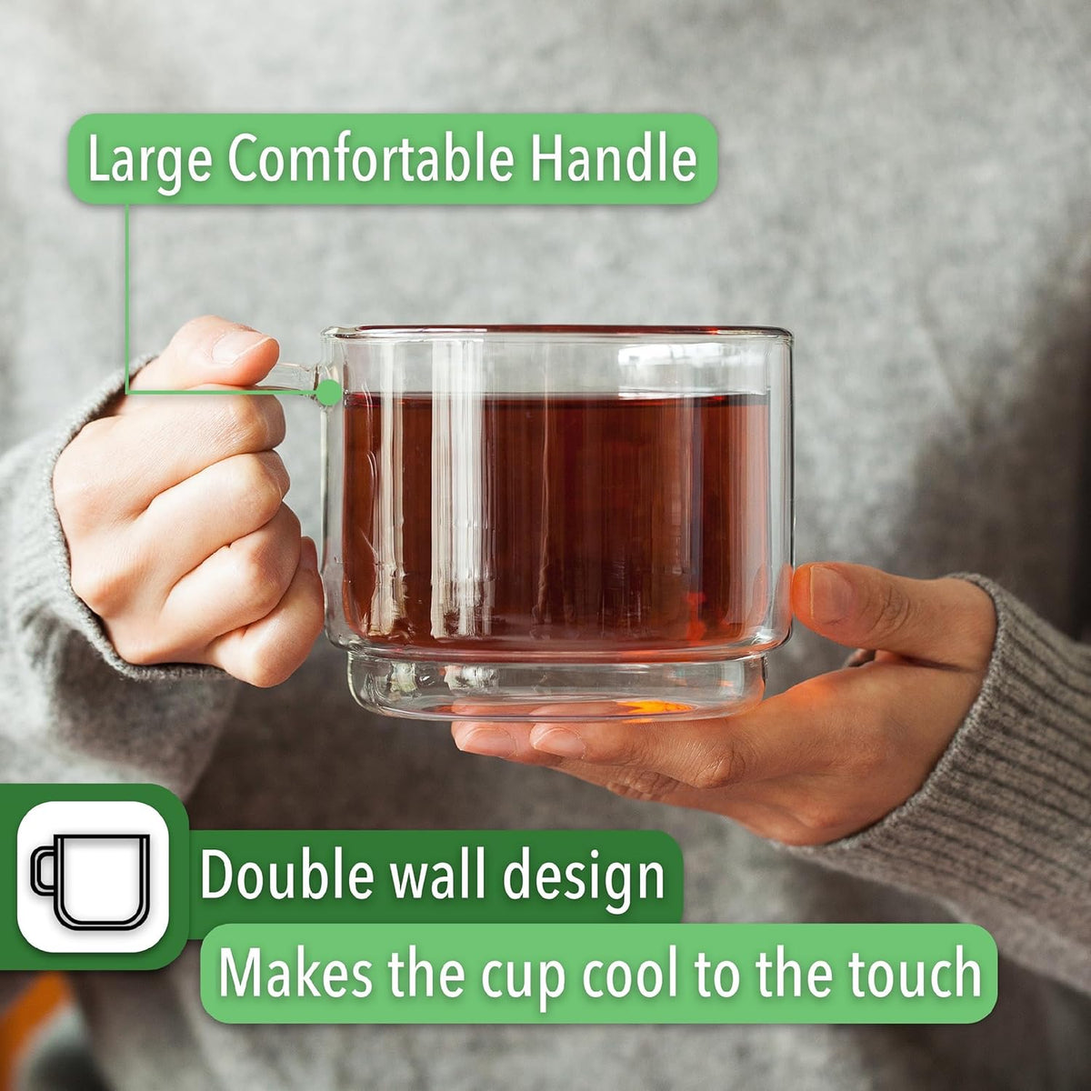 BTaT- Stackable Insulated Coffee Mug, Coffee Glass, Large, Set of 4 (16oz, 500ml), Double Wall Glass Coffee Cups, Tea Cups, Latte Cups, Glass Coffee Mug, Latte Mug, Clear Mug