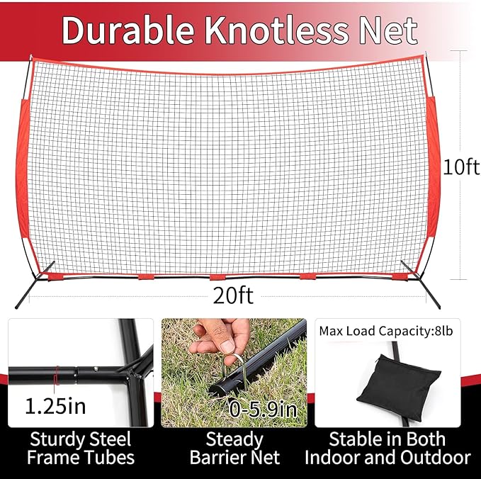 7x7/16x10/20x10ft Backstop Net, Ball Stop Net with Handbag,Fix Sports Net Barrier by 4 Spike&2 Sandbag,Sports Practice Barrier Net for Baseball,Softball,Lacrosse Train,Backstop Net for Backyard