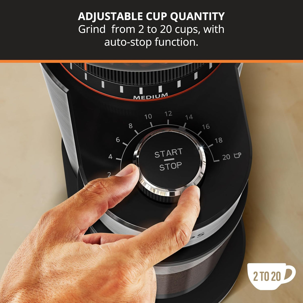 KRUPS Burr Coffee Grinder, 18 Adjustable Grind Settings, 2-20 Cups per Grind, Sinlge Touch, Spice and Coffee Bean Grinder, Stainless Steel, Black