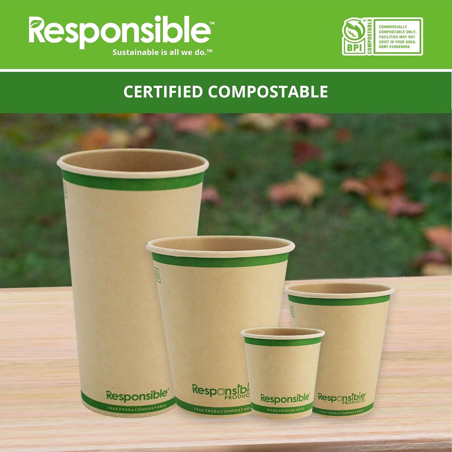 Certified Compostable 10 oz Paper Cups, Cold ＆ Hot Coffee Cups, Disposable Paper Cups, Extra Strength Disposable Cups, Made without PFAS (50 count)