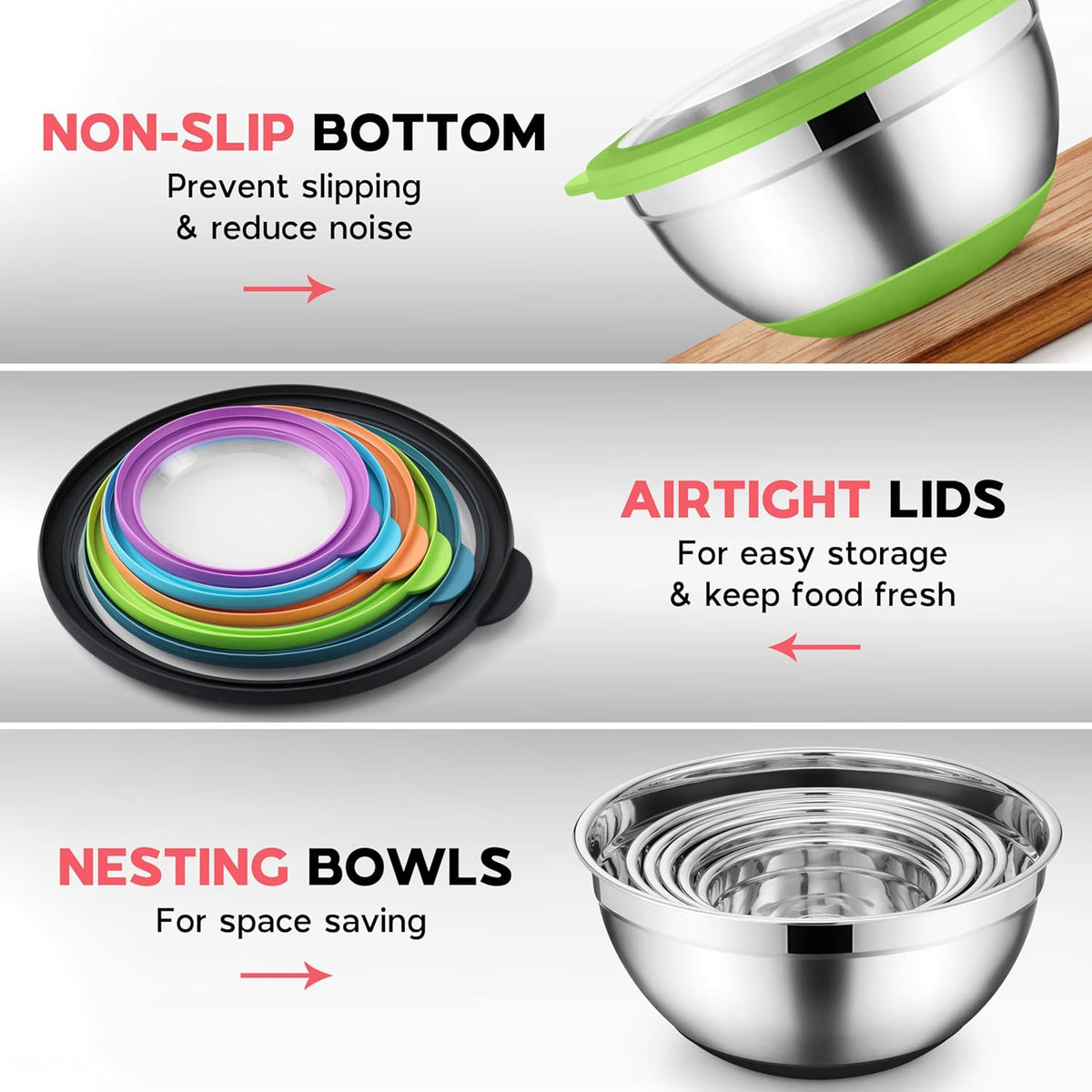 Colorful Mixing Bowl Set of 6 for Kitchen, Large Stainless Steel Metal Nesting Mixing Bowls with Airtight Lids, Non Slip - Size 1, 1.5, 2, 2.6, 3.5, 7QT