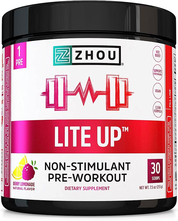 Zhou Lite Up - Non Stim Powder, Nitric Oxide Stim Free Supplement for Men & Women, Caffeine Free Boost, Clean Formula - Berry Lemonade Flavor, 7.5 oz Jar (30 Scoops)