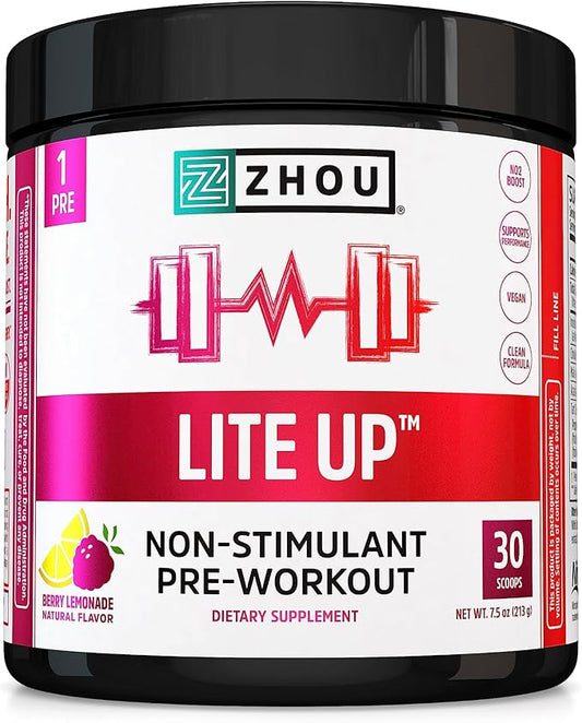 Zhou Lite Up - Non Stim Powder, Nitric Oxide Stim Free Supplement for Men & Women, Caffeine Free Boost, Clean Formula - Berry Lemonade Flavor, 7.5 oz Jar (30 Scoops)