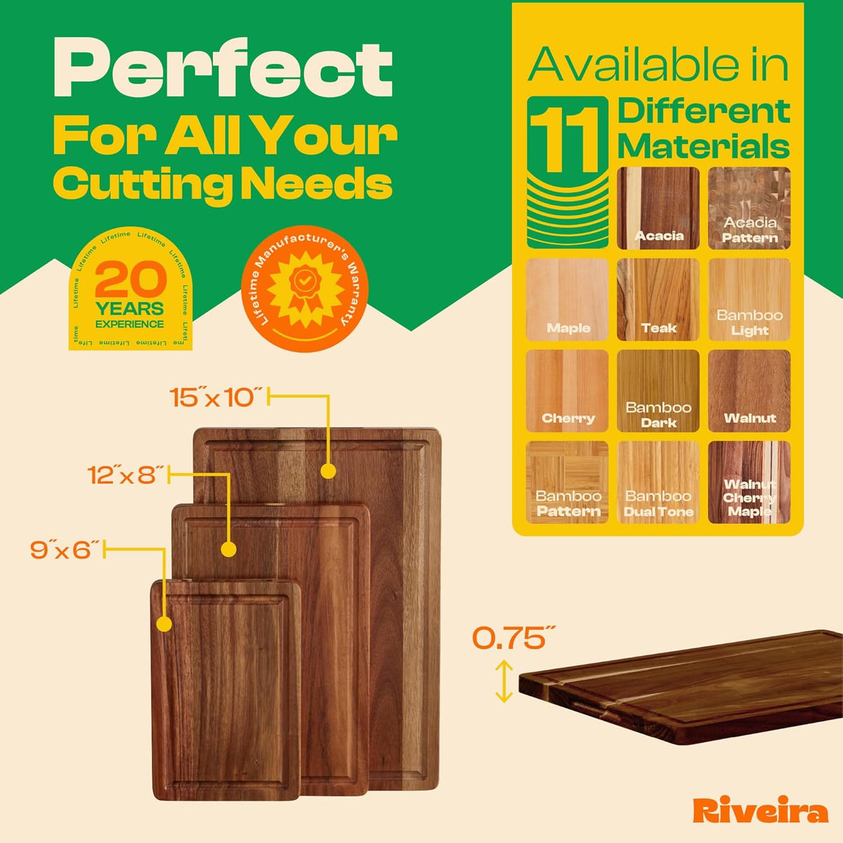 Riveira Acacia Wood Cutting Board – Versatile and Durable: Set Of 3 Pcs Rectangular Wooden Cutting Board – Natural Wooden Cutting Boards For Kitchen – Complete Acacia Wooden Chopping Board