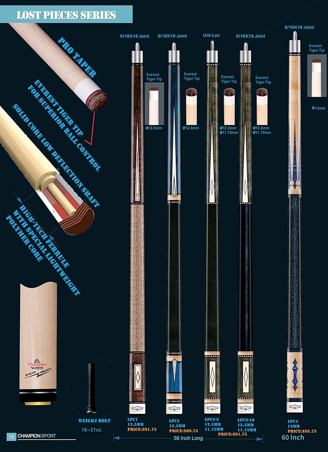 2021 Champion Lost Pieces Series Putere Pool Cue Stick, Low Deflection Pro Taper, Model: LPC3, Putere Cue