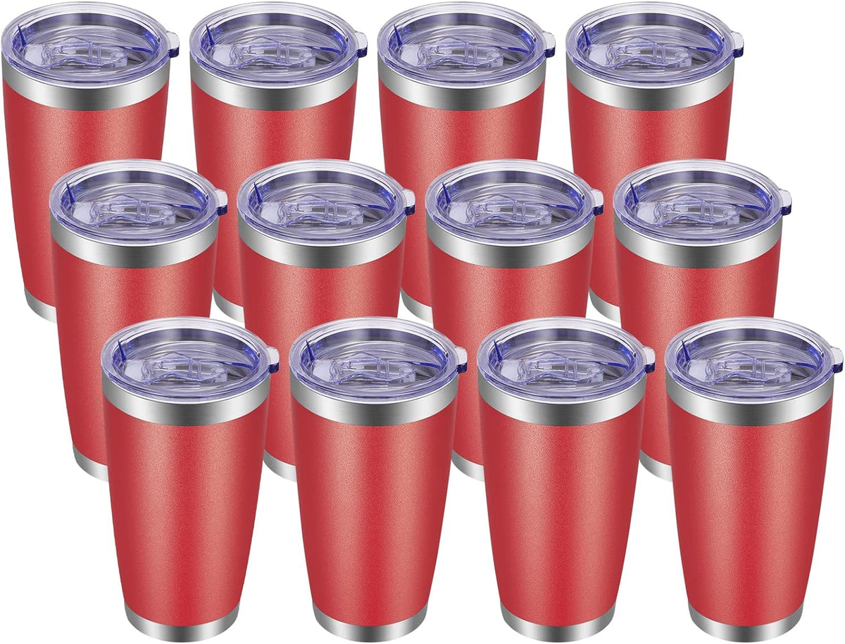 VEGOND 20oz Tumbler with Lid and Straw Stainless Steel Tumbler Cup Bulk Vacuum Insulated Double Wall Travel Coffee Mug Powder Coated Coffee Cup(Powder Red 12 Pack