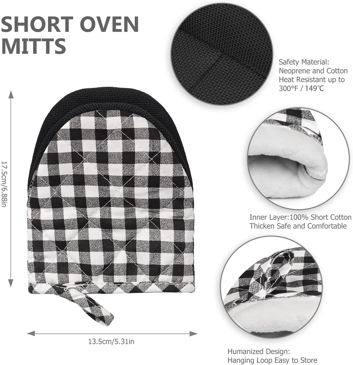 Qulable 1 Pair Short Oven Mitts - Silicone Kitchen Oven Gloves High Heat Resistant 500℉, Mini Oven Mits with Non-Slip Grip Surfaces and Hanging Loop for BBQ, Baking, Cooking and Grilling