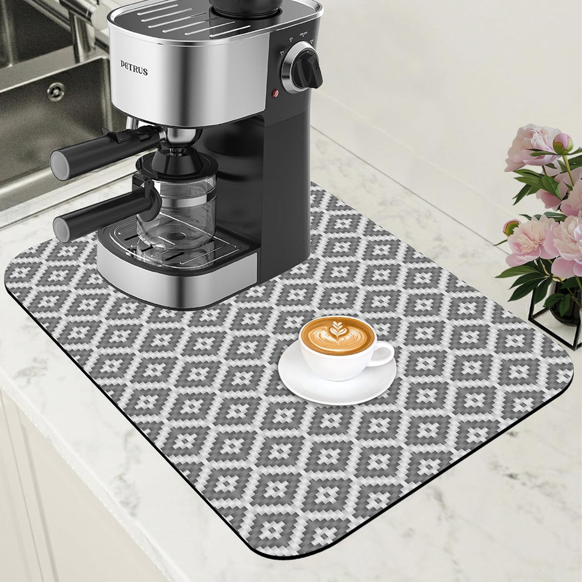 Ethnic Geometric Dish Drying Mat for Kitchen Counter Bar Mat Hide Stain Absorbent Rubber Backed Coffee Mat Maker Espresso Machine Bar Accessories 11.8 x 19.7 Inch