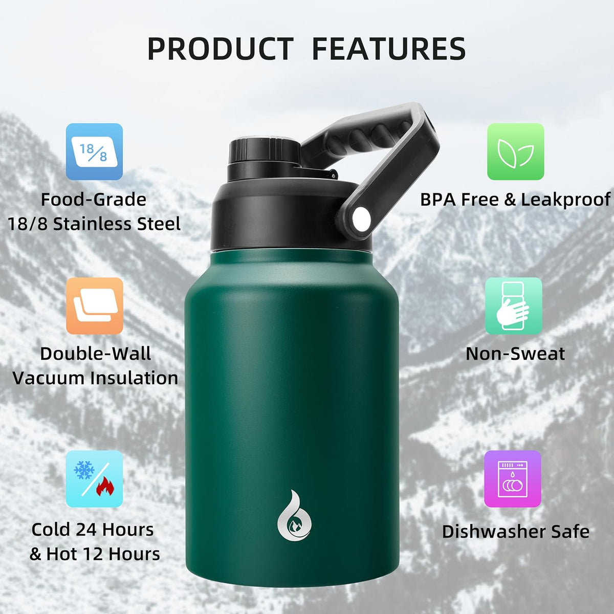 BJPKPK 64 oz Insulated Water Bottle, Dishwasher Safe Half Gallon Water Bottle with Ergonomic Handle, BPA Free Leak Proof Water Jug for Sports, Metal Thermos with Anti-slip Bottom, Army Green