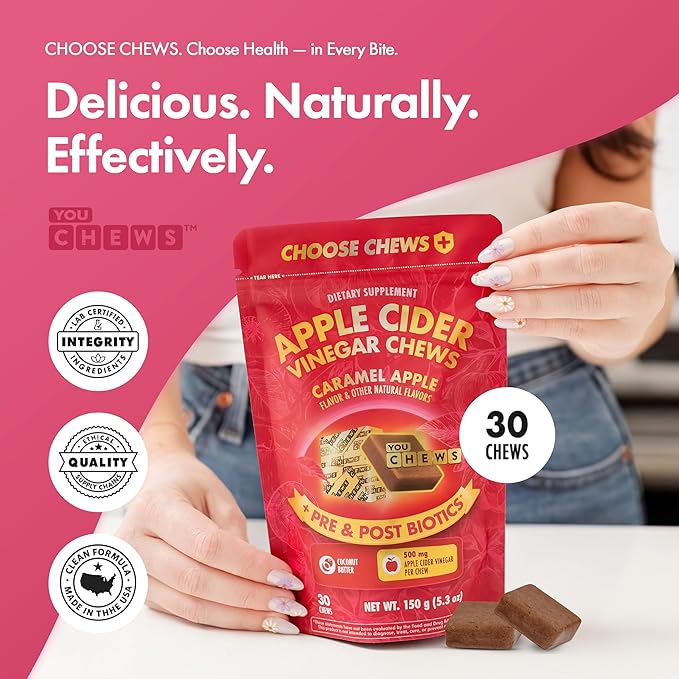 Apple Cider Vinegar Chews Better Than Apple Cider Gummies - Bloating Relief for Women and Men, 500mg Organic ACV with Prebiotics & Postbiotics, Low Sugar, Caramel Flavor, 30 Count