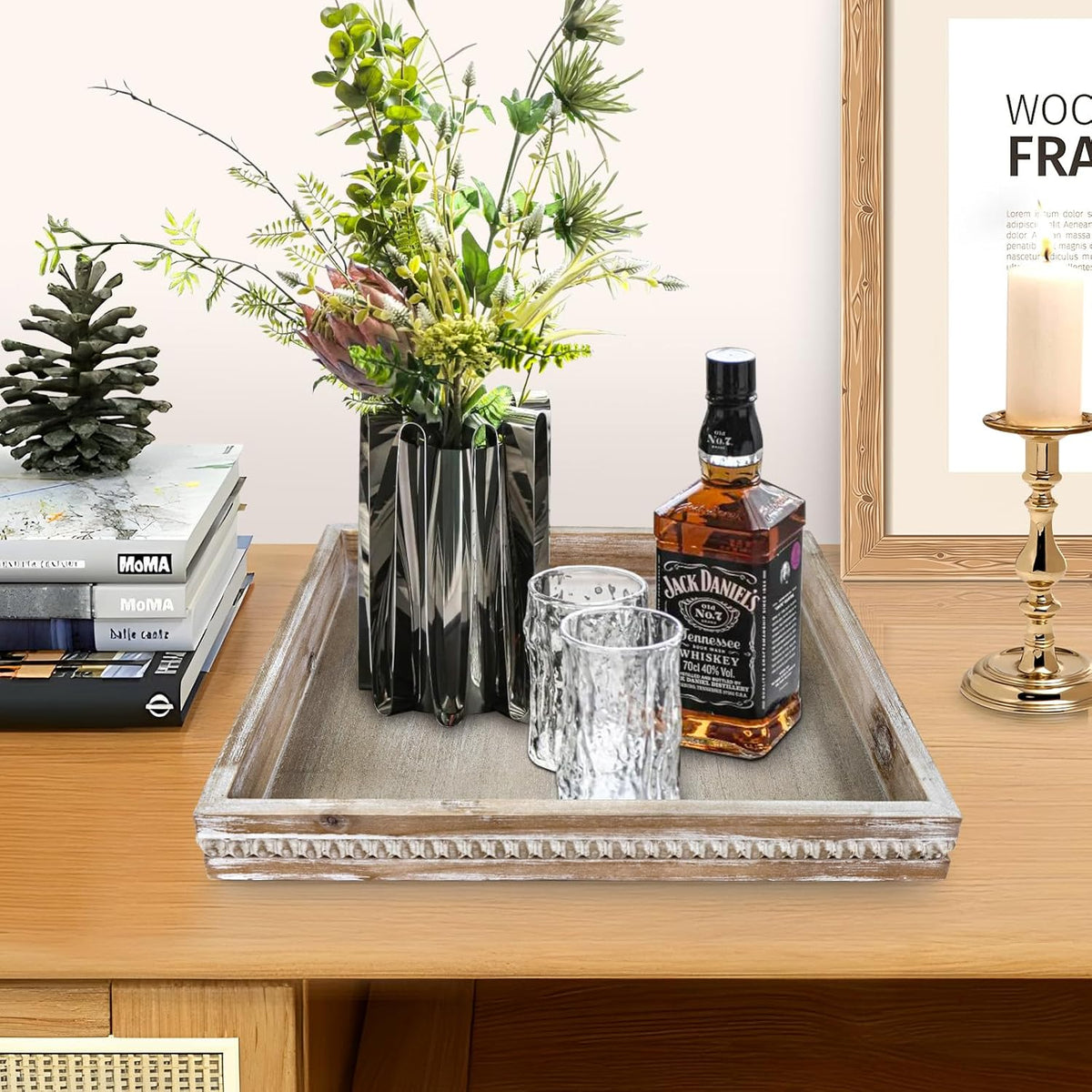 Wooden Decorative Tray, Small Serving Tray with Wood Bead, Farmhouse Big Tray for Ottoman, Countertop, Coffee Tabl, 13" x 13"x 1.6" (White Washed)