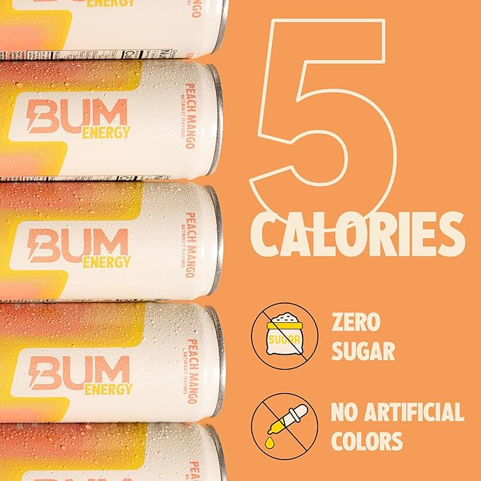 BUM Sugar-Free Energy Drink, Peach Mango - Lightly Carbonated & No Artificial Colors, Natural Caffeine & Citicoline for Energy & Focus, Brain Boost & Workout Sports Beverage - 12 oz, Pack of 12