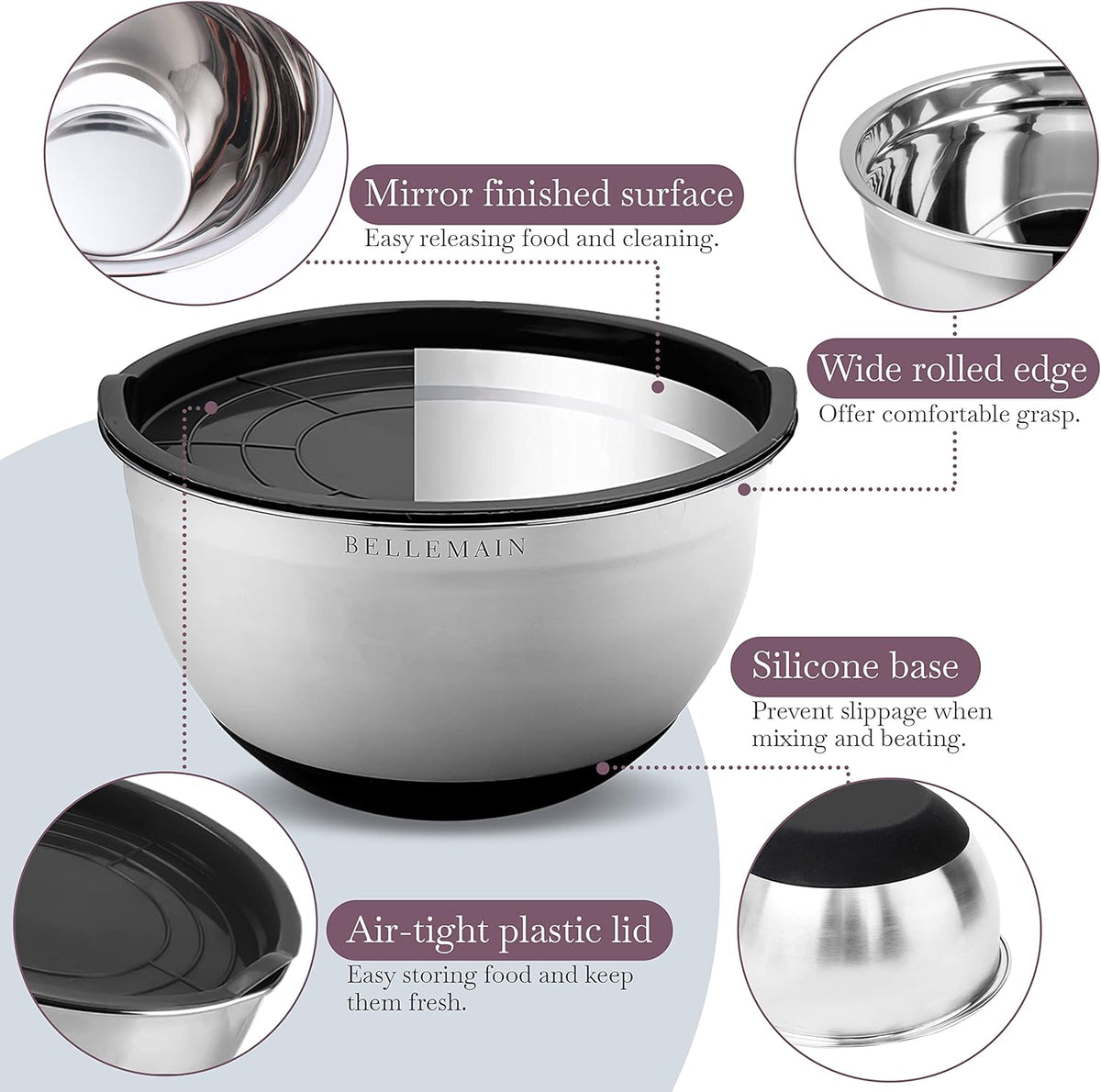 Bellemain Stainless Steel Non-Slip Mixing Bowls with Lids (5 Piece, Silver/Black)