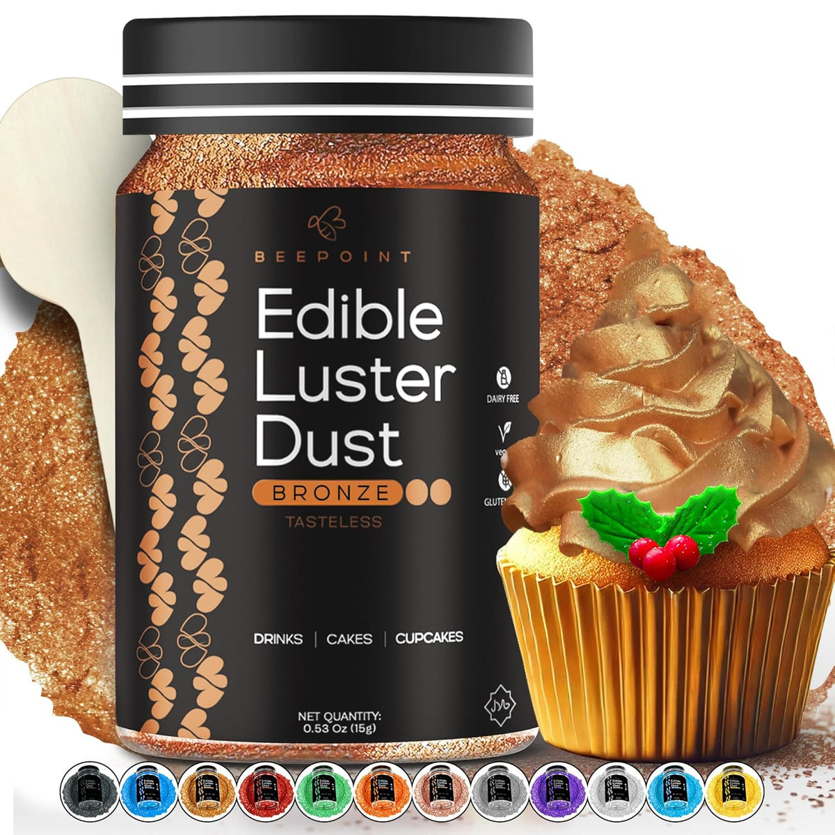 BeePoint Bronze Edible Luster Dust 15g - Food Grade, Vibrant Color Shimmer Powdered Dust for Drinks, Cocktails, Cake Decorating, Baking, Chocolates, Candy, Sweets, & Cookies - Vegan & Gluten Free