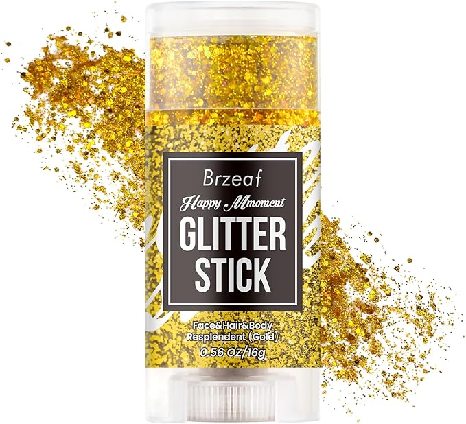 Brzeaf Waterproof Gold Glitter Stick, Face Glitter Makeup, Shimmery & Long Lasting, Chunky Glitter for Face/Body/Hair/Eyes/Lip, Singer Concert Music Halloween Christmas Rave Festival