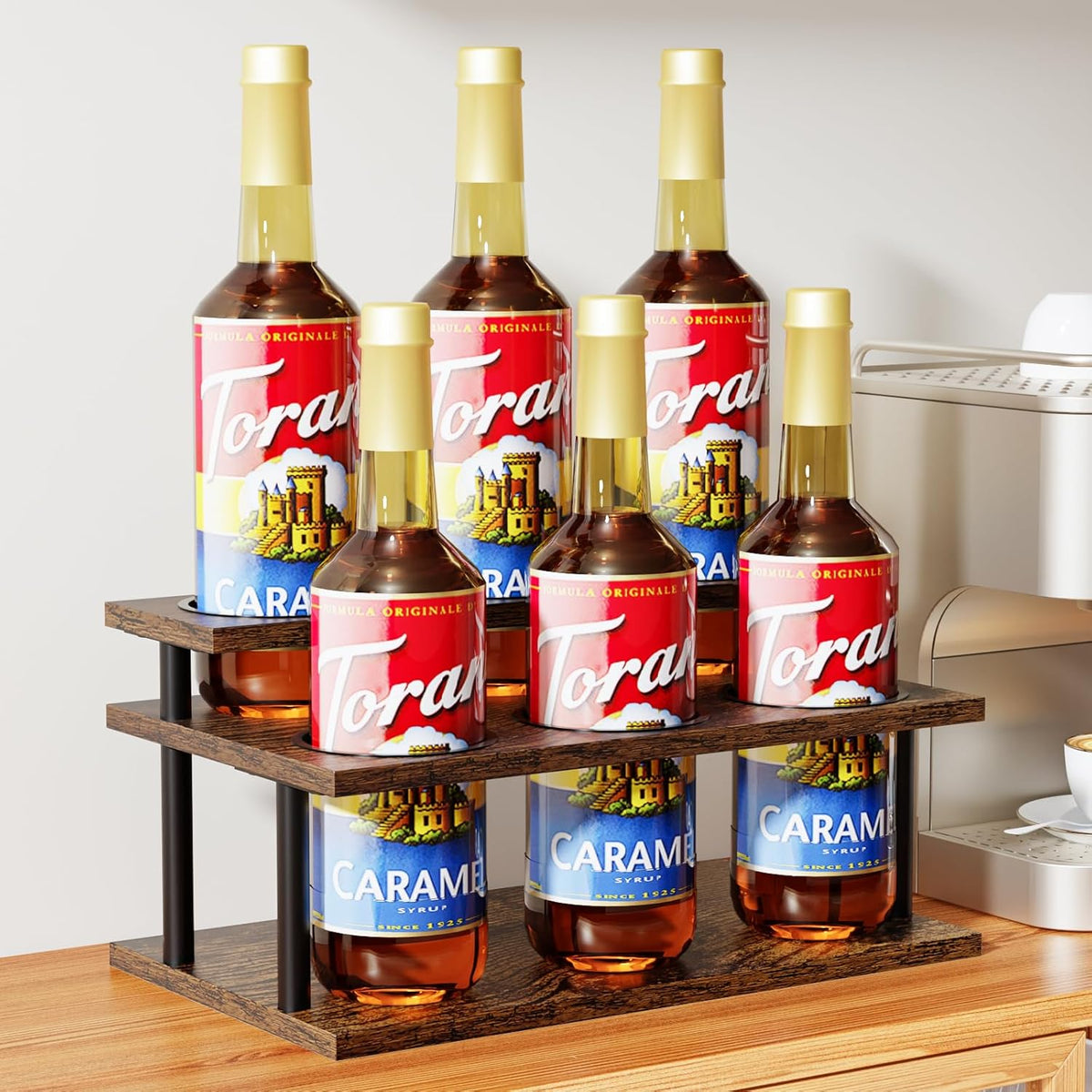 KLM Coffee Syrup Organizer, 2 Tier Wooden Small Display Shelf (6 Bottle Capacity),Syrup Bottle Sturdy Holder for Coffee Bar, Kitchen Countertop Syrups, Condiments and Wine