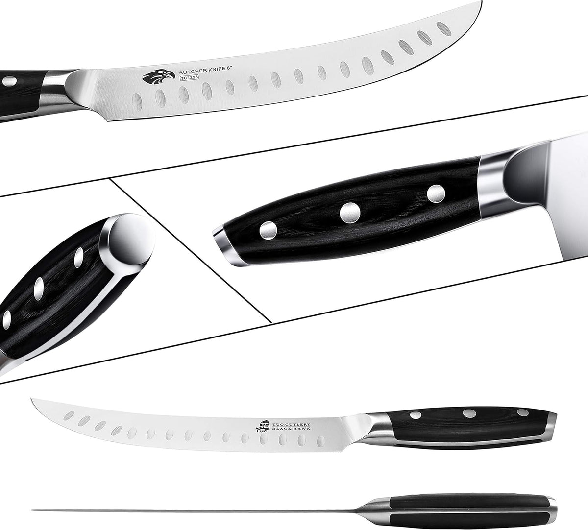 TUO Butcher Knife, 8 inch Meat Cleaver Scimitar Breaking Curved Slicing Carving Knife German HC Steel with Full Tang Pakkawood Handle, Kitchen Knife for Home and Restaurant