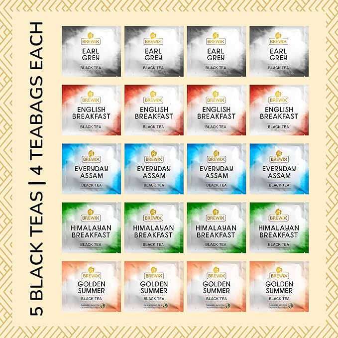 BREWIX Premium Assorted Black Tea Sampler Gift Box with 5 Flavors (20 Pyramid Indivdidually Wrapperd Tea Bags) | Tea Gift Set & Variety Pack | Gifts for Women & Men, Tea Set
