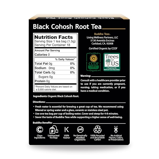Buddha Teas Organic Black Cohosh Root Tea - OU Kosher, USDA Organic, CCOF, 18 Bleach-Free Tea Bags