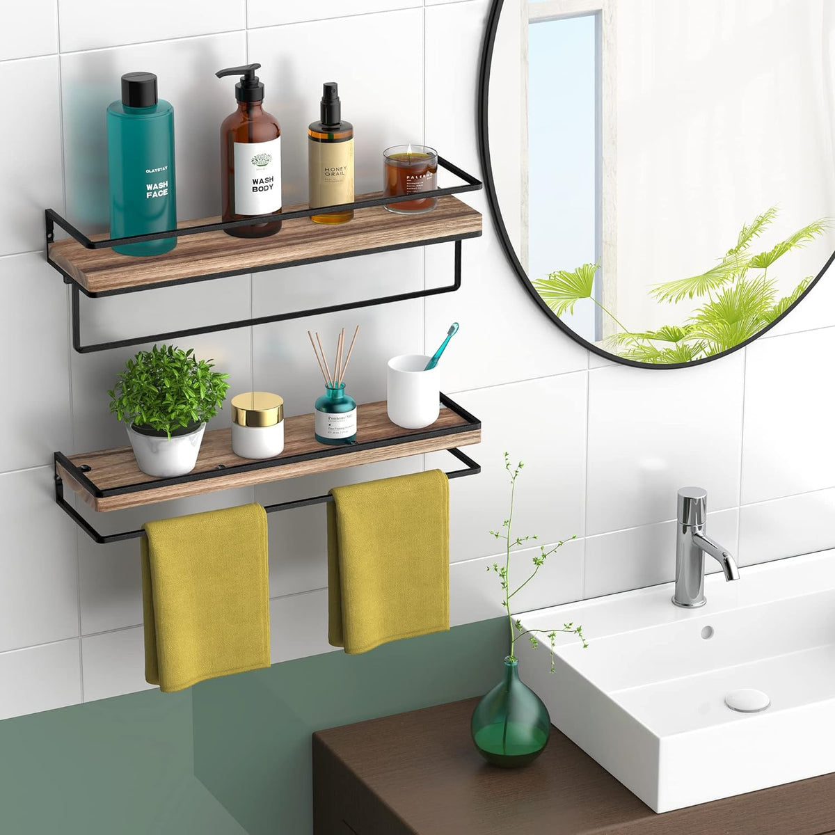 Meangood Floating Shelves Wall Mounted Set of 2, Wall Shelf with Towel Bar Rustic Wood Wall Storage Shelves for Bedroom,Living Room,Bathroom, Kitchen Torched Wood