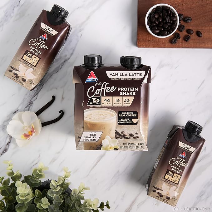 Atkins Iced Coffee Vanilla Latte Protein Shake, 15g Protein, Low Glycemic, 4g Net Carb, 1g Sugar, Keto Friendly, 12 packs of 11 fl Oz