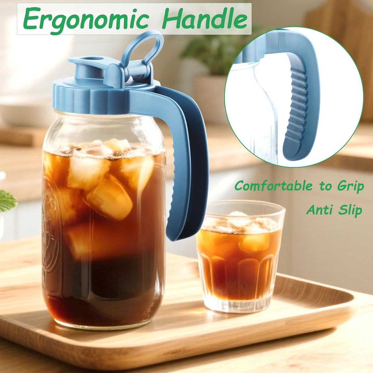 Mason Jar Pitcher With Stainless Steel Filter 64 OZ Wide Mouth Cold Brew Coffee Maker 2 Quart Glass water pitcher with lid Half Gallon Cold hot Tea maker For Lemonade Milk Juice Refrigerator