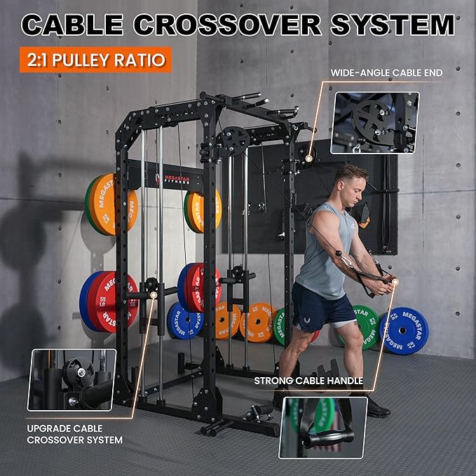 Power Rack for Home Gym – 2000LB Capacity Multifunction Squat Rack with Cable Crossover, Includes 16 Professional attachments for Home Gym Strength Training, P63 Rampage