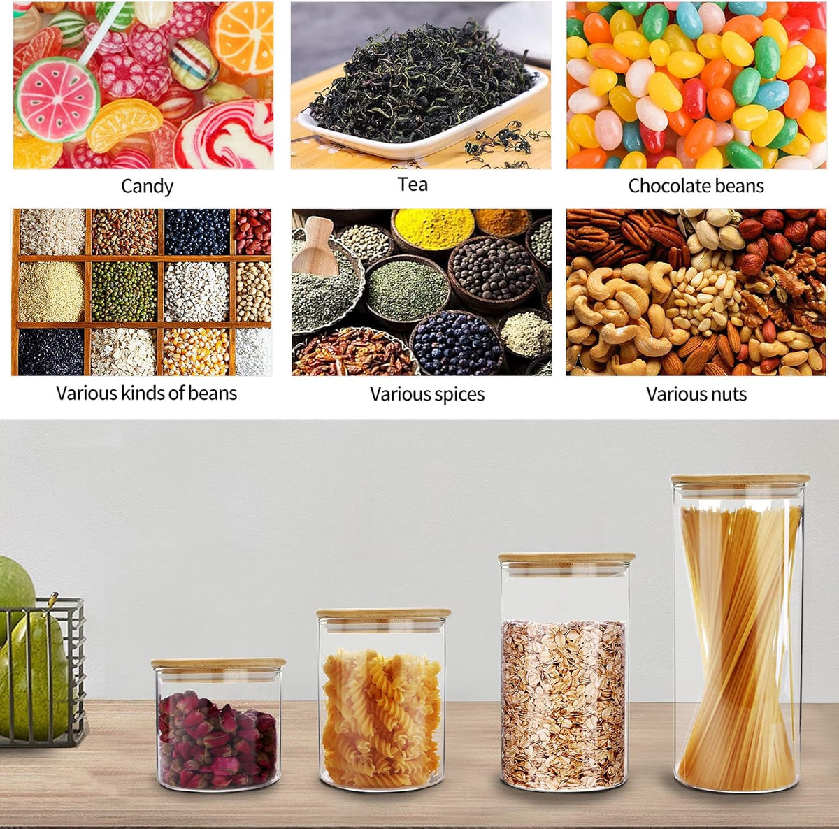 SIXAQUAE Glass Food Storage Containers Jar Seal Bamboo Lids 2 Packs 1200ml Airtight Canister Organization Sets Stackable