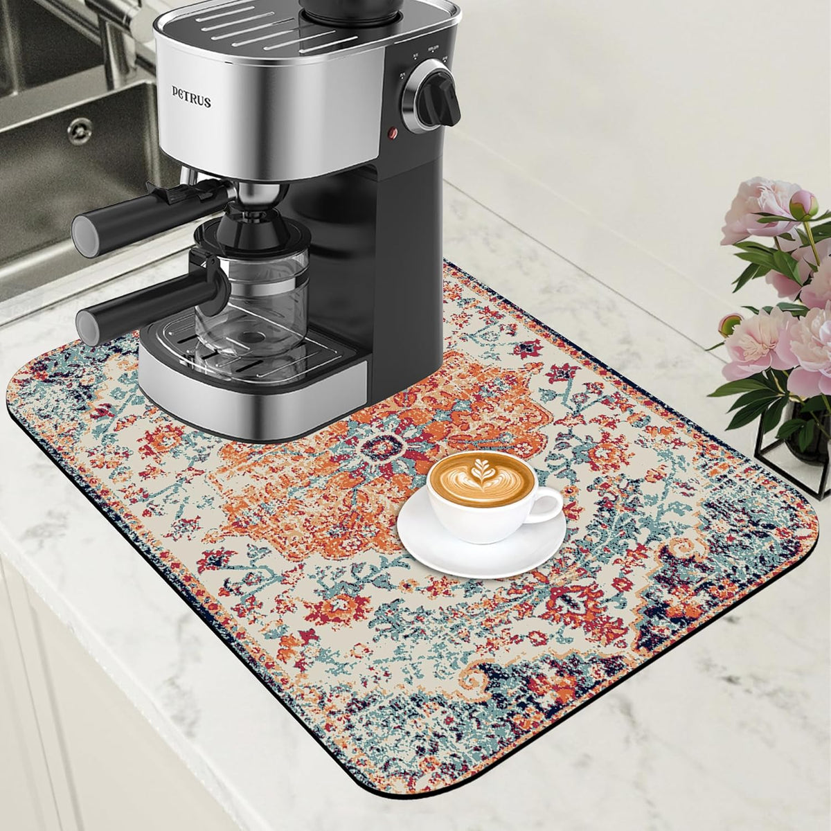 Persian Vintage Boho Carpet Coffee Mat Dish Drying Mat for Kitchen Counter Absorbent Hide Stain Rubber Backed Coffee Bar Accessories Fit Under Espresso Machine Dish Drainer 11.8 x 19.7 Inch