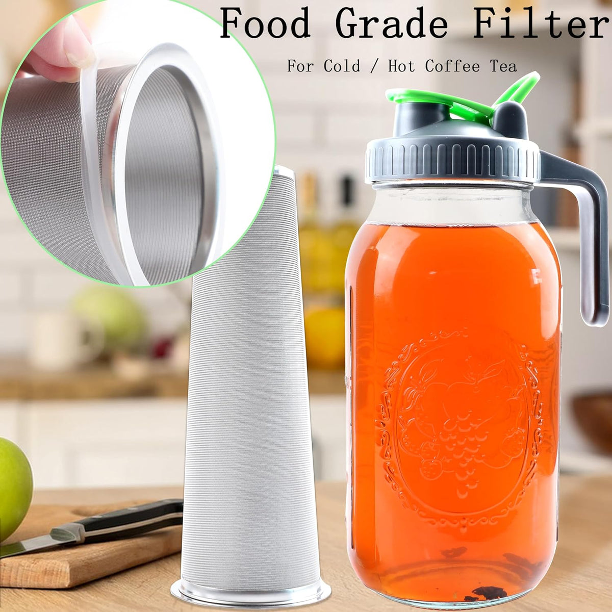 64 Oz Mason Jar Cold Brew Coffee Tea Maker With Food Grade Filter Infuser 2 Quart Glass Pitcher With Lid Half Gallon Iced Hot Tea Pitchers Leak-Proof Jug For Coffee Sun Tea Juice Lemonade Cold Brew