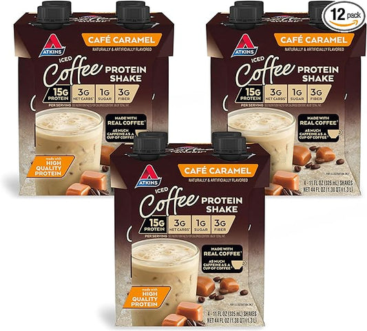Atkins Café Caramel Iced Coffee Flavored Protein Shake, High Protein Shake, Low Glycemic, Low Carb and Low Sugar, Keto Friendly, Gluten Free, 12 Count