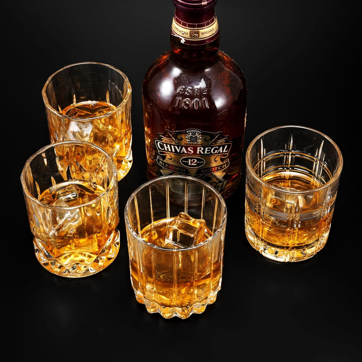 KANARS Old Fashioned Whiskey Glasses - Multi Designs Bourbon Glass 10 oz with Luxury Box - Ultra Clear Crystal Rocks Barware for Scotch, Irish Whisky, Rum and Cocktail - Set of 4